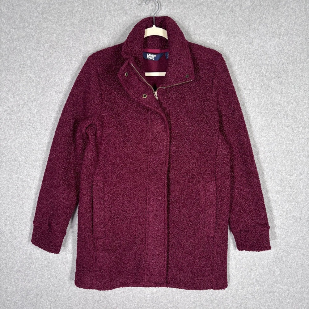 Lands End Boucle Fleece Jacket Small Burgundy‎ Warm Fuzzy Teddy Sherpa Pockets